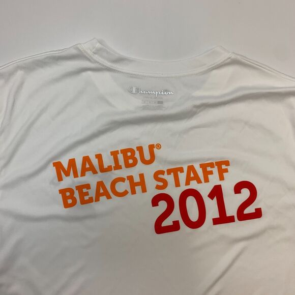 Champion Malibu Liqueur Beach Staff 2012 T Shirt Mens L Large White Double Dry - Picture 9 of 11